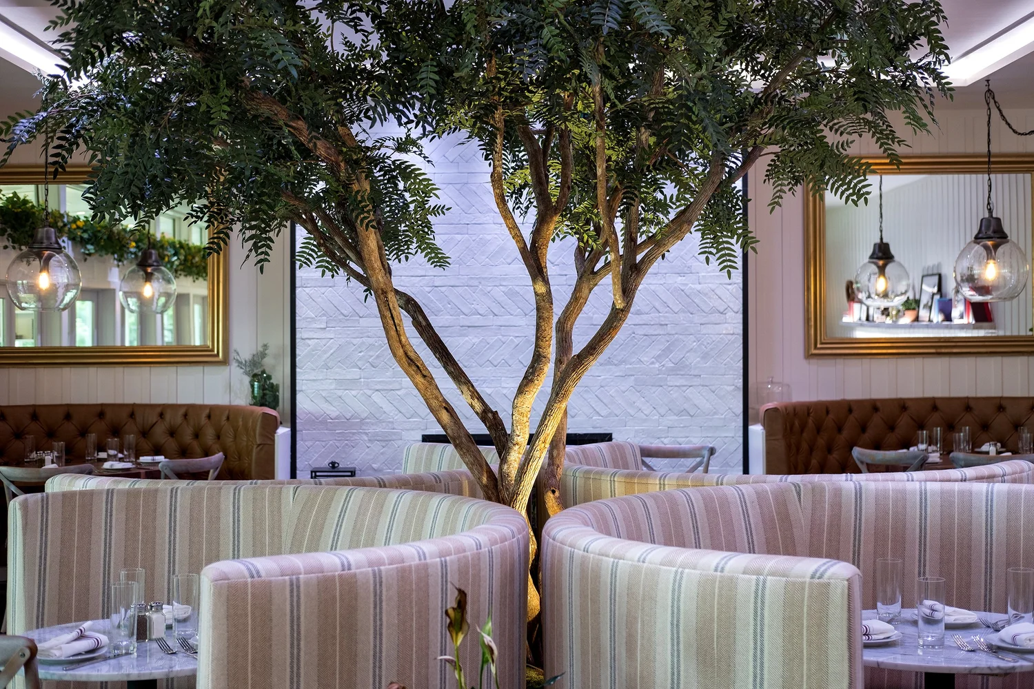 Striped upholstered booth seating around a large indoor tree with tufted leather banquettes.
