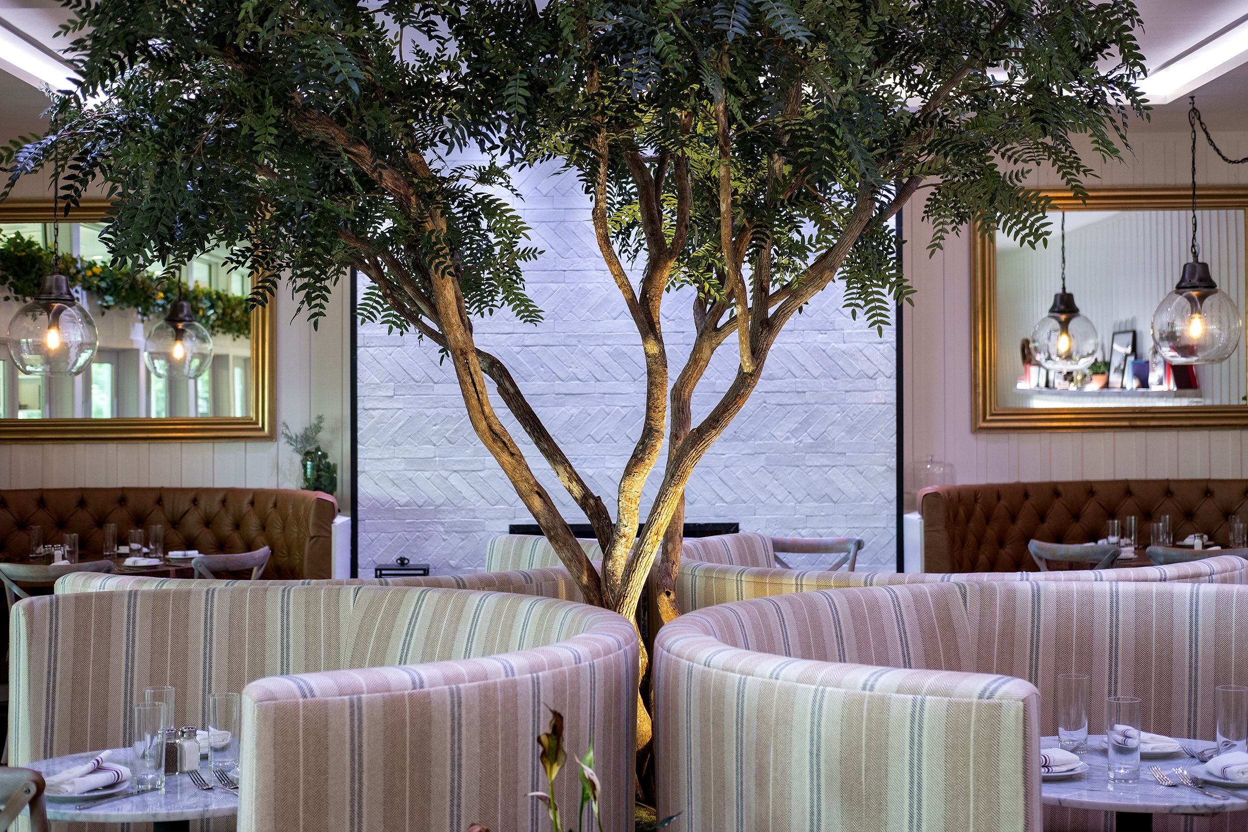 A quiet dining room detail with plates, wood, greenery, and soft evening lights.